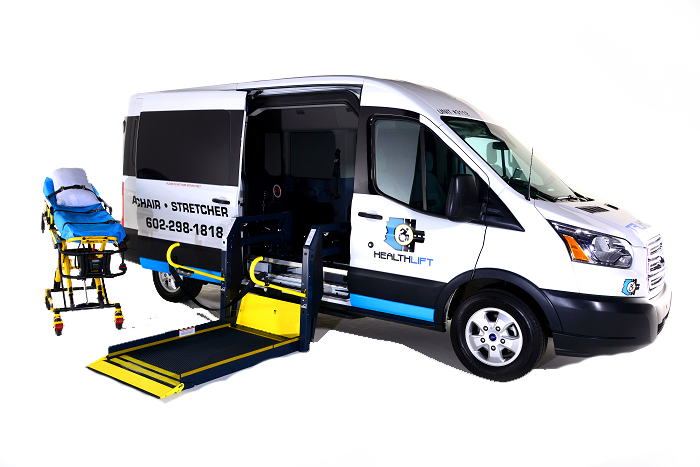 Health Lift Non Emergency Medical Transportation Wheelchair Stretcher Gurney Bariatric Oxygen Delivery Phoenix Tucson Arizona Cutout Gurney