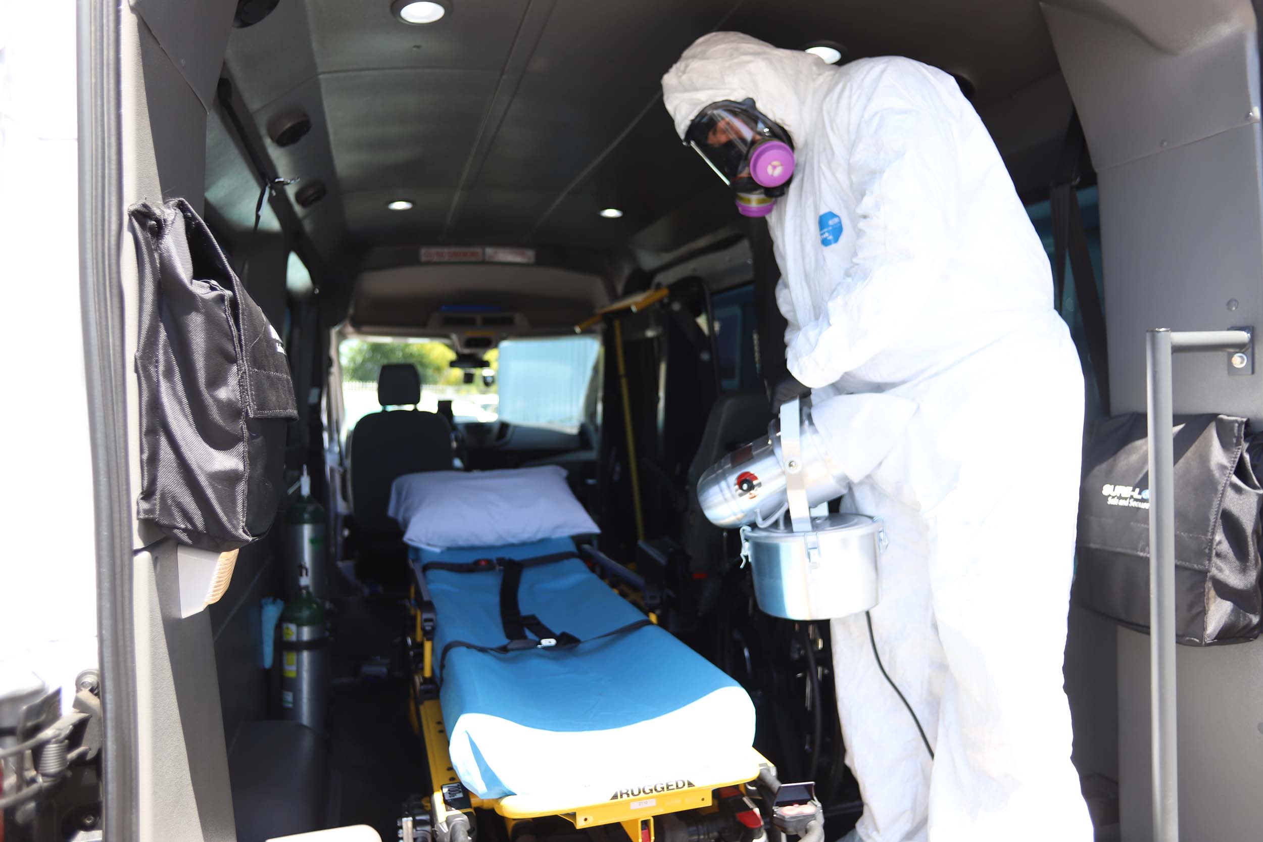 Healthlift utilizes fogging sanitation to disinfect entire vehicle.